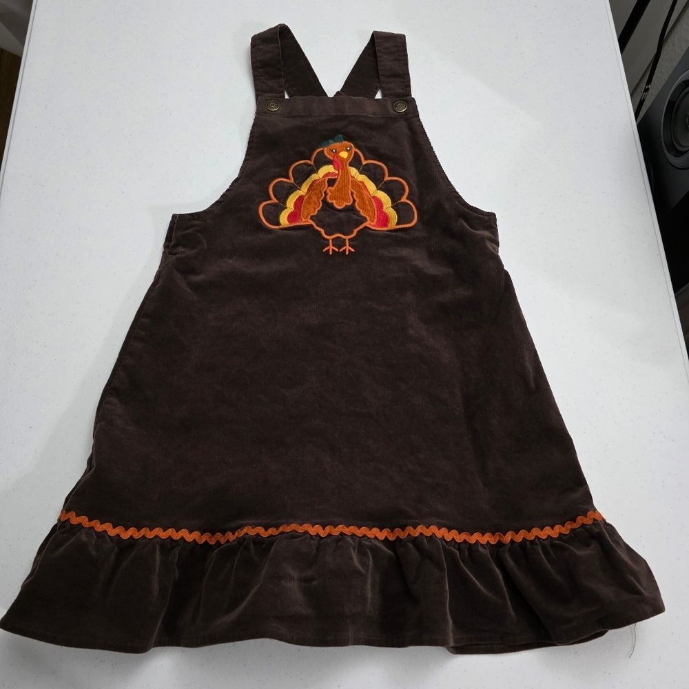 Gymboree Girls Embroidered Turkey Thanksgiving Corduroy Overalls Dress Size 10
